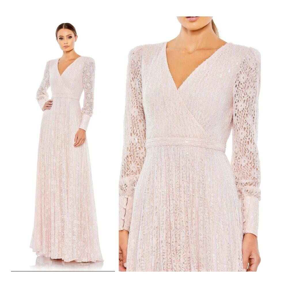 Mac Duggal 93679D Blush Light Rose Pink Lace Dress Long Sleeve Wrap Gown 20